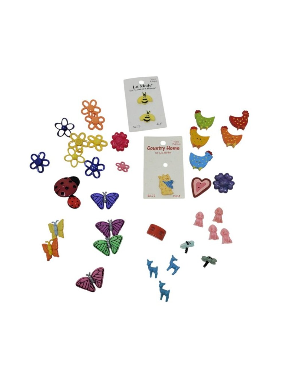 Lot of 38 Plastic Wood Butterfly Buttons Ladybug Deer Chicken Flowers Dragonfly
